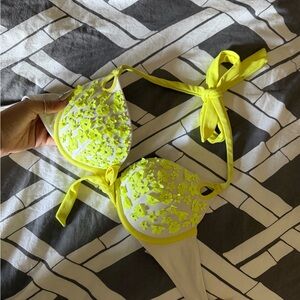 Victoria's Secret push up White Bikini Top with Neon Yellow Accents